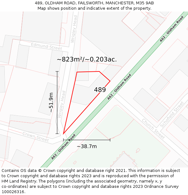 489, OLDHAM ROAD, FAILSWORTH, MANCHESTER, M35 9AB: Plot and title map