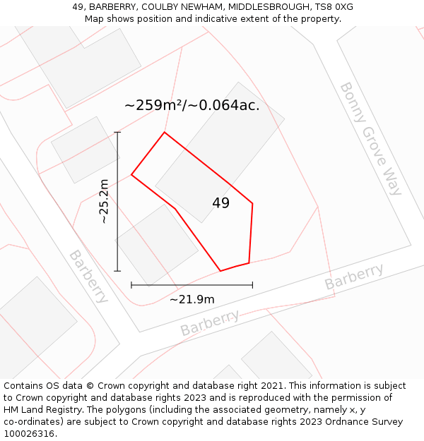 49, BARBERRY, COULBY NEWHAM, MIDDLESBROUGH, TS8 0XG: Plot and title map