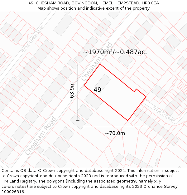 49, CHESHAM ROAD, BOVINGDON, HEMEL HEMPSTEAD, HP3 0EA: Plot and title map