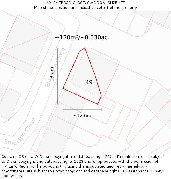 49, EMERSON CLOSE, SWINDON, SN25 4FB: Plot and title map