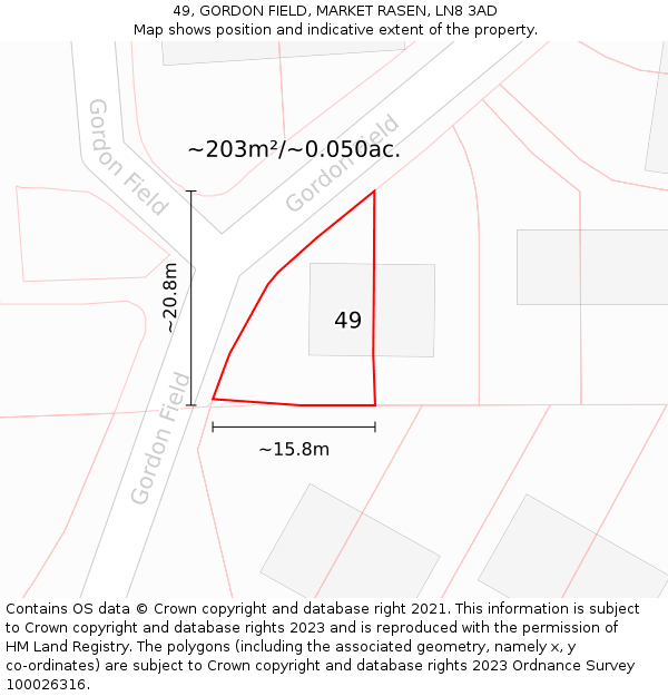 49, GORDON FIELD, MARKET RASEN, LN8 3AD: Plot and title map