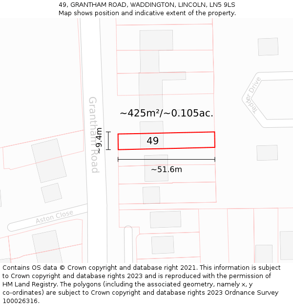 49, GRANTHAM ROAD, WADDINGTON, LINCOLN, LN5 9LS: Plot and title map