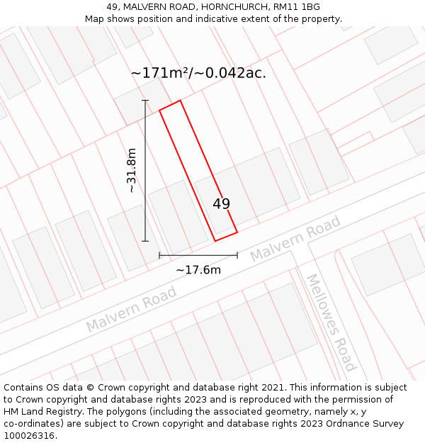 49, MALVERN ROAD, HORNCHURCH, RM11 1BG: Plot and title map