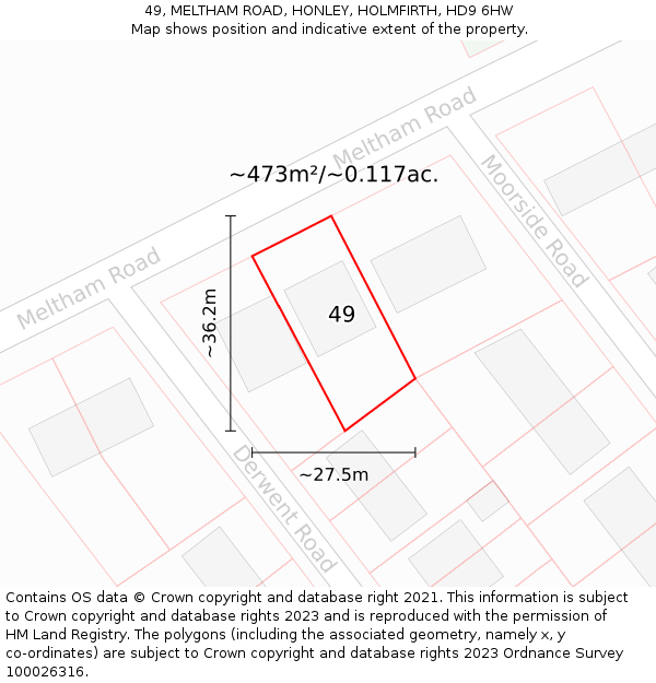 49, MELTHAM ROAD, HONLEY, HOLMFIRTH, HD9 6HW: Plot and title map