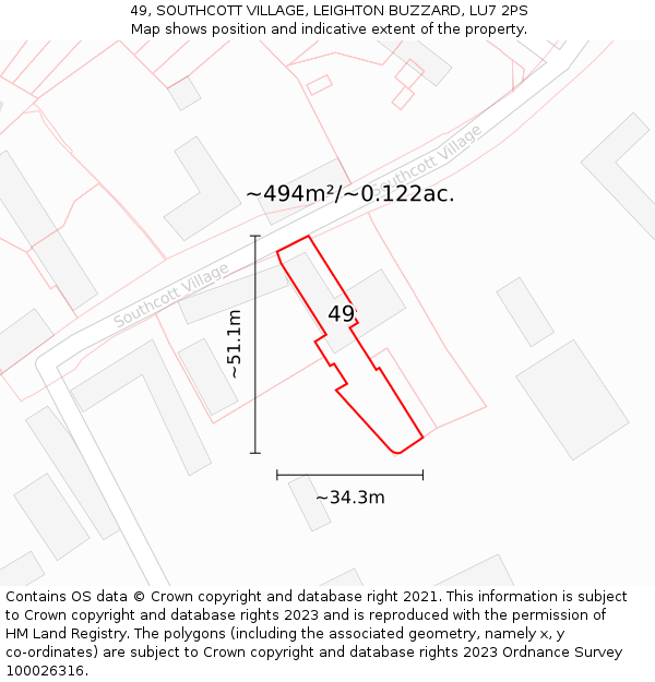 49, SOUTHCOTT VILLAGE, LEIGHTON BUZZARD, LU7 2PS: Plot and title map