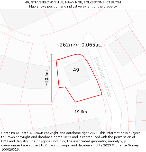 49, STANSFELD AVENUE, HAWKINGE, FOLKESTONE, CT18 7SA: Plot and title map