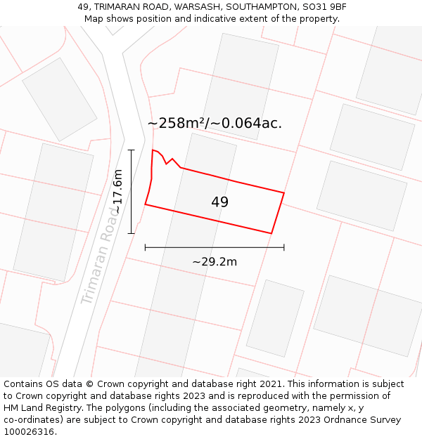 49, TRIMARAN ROAD, WARSASH, SOUTHAMPTON, SO31 9BF: Plot and title map