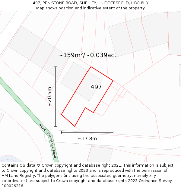 497, PENISTONE ROAD, SHELLEY, HUDDERSFIELD, HD8 8HY: Plot and title map