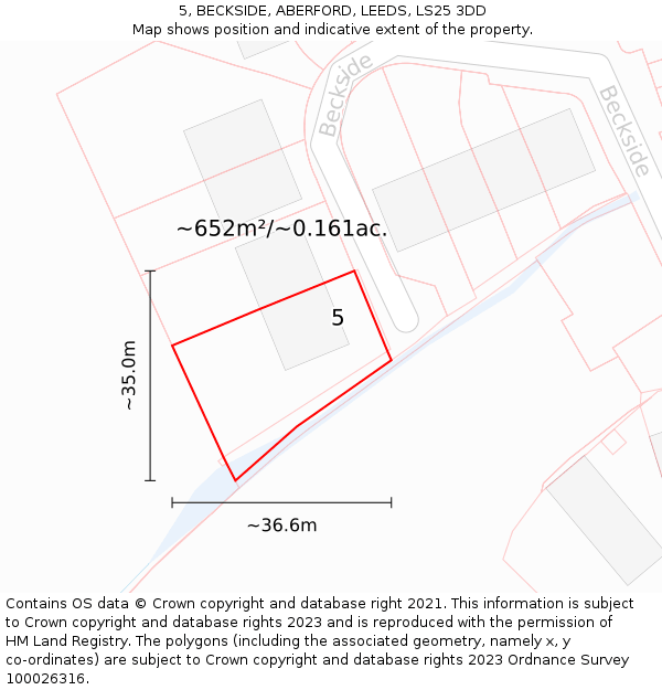 5, BECKSIDE, ABERFORD, LEEDS, LS25 3DD: Plot and title map