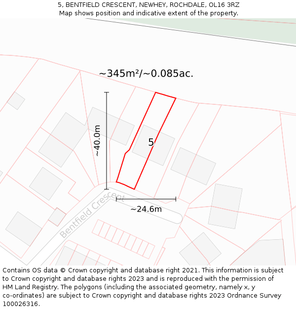 5, BENTFIELD CRESCENT, NEWHEY, ROCHDALE, OL16 3RZ: Plot and title map