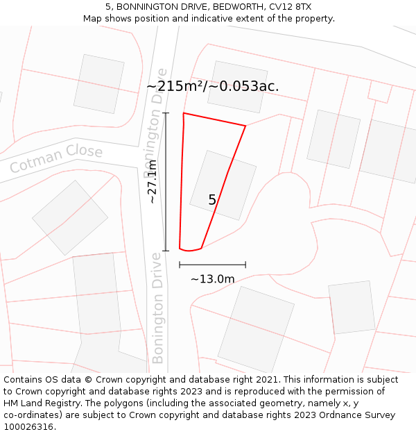 5, BONNINGTON DRIVE, BEDWORTH, CV12 8TX: Plot and title map