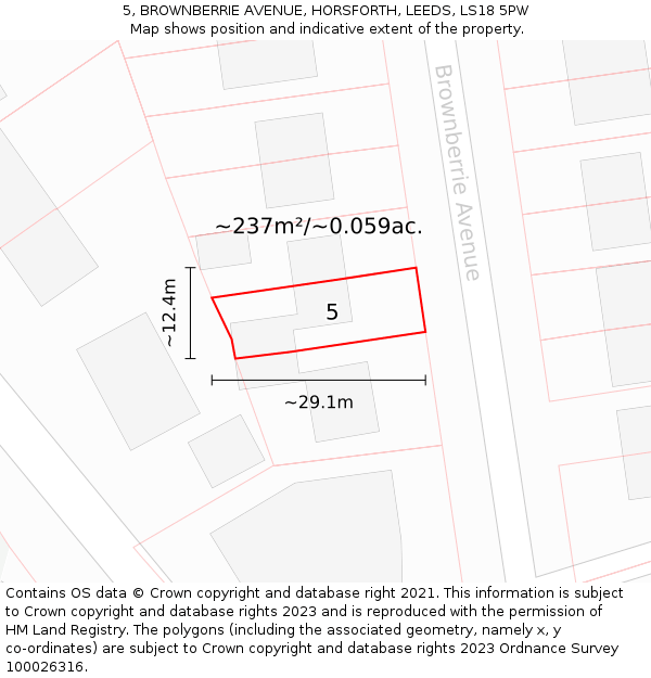 5, BROWNBERRIE AVENUE, HORSFORTH, LEEDS, LS18 5PW: Plot and title map