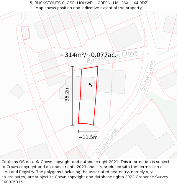 5, BUCKSTONES CLOSE, HOLYWELL GREEN, HALIFAX, HX4 9DZ: Plot and title map