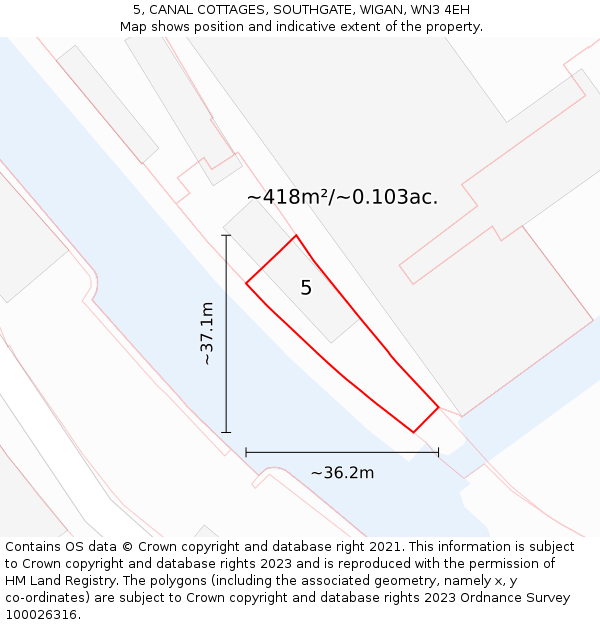 5, CANAL COTTAGES, SOUTHGATE, WIGAN, WN3 4EH: Plot and title map