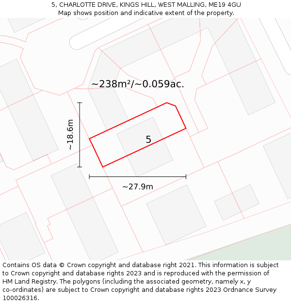 5, CHARLOTTE DRIVE, KINGS HILL, WEST MALLING, ME19 4GU: Plot and title map