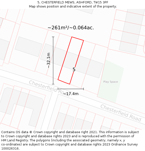 5, CHESTERFIELD MEWS, ASHFORD, TW15 3PF: Plot and title map