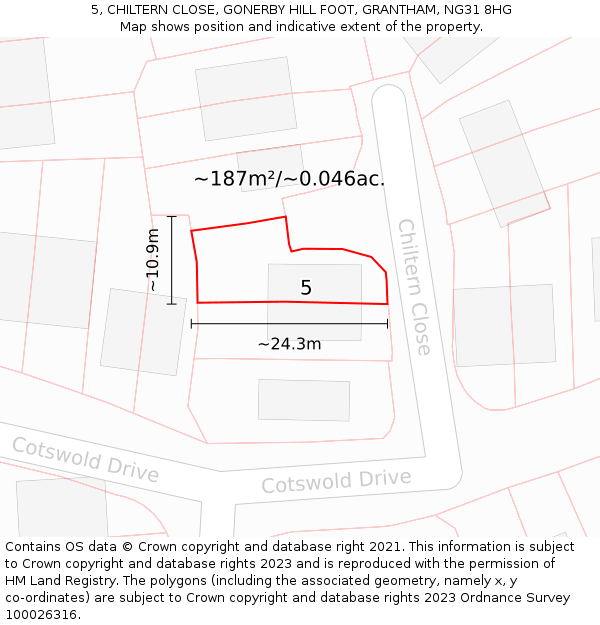 5, CHILTERN CLOSE, GONERBY HILL FOOT, GRANTHAM, NG31 8HG: Plot and title map