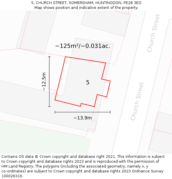 5, CHURCH STREET, SOMERSHAM, HUNTINGDON, PE28 3EG: Plot and title map