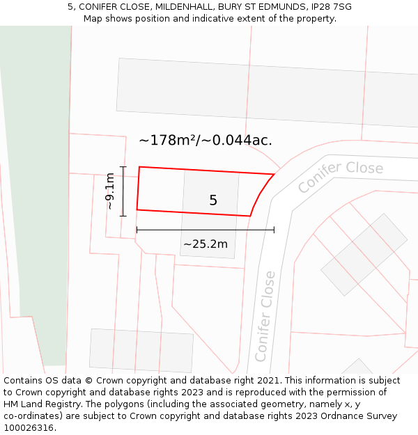 5, CONIFER CLOSE, MILDENHALL, BURY ST EDMUNDS, IP28 7SG: Plot and title map