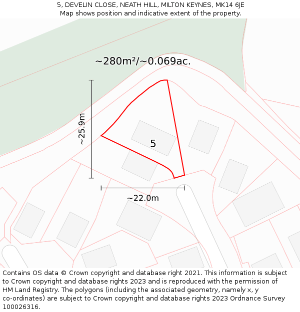 5, DEVELIN CLOSE, NEATH HILL, MILTON KEYNES, MK14 6JE: Plot and title map