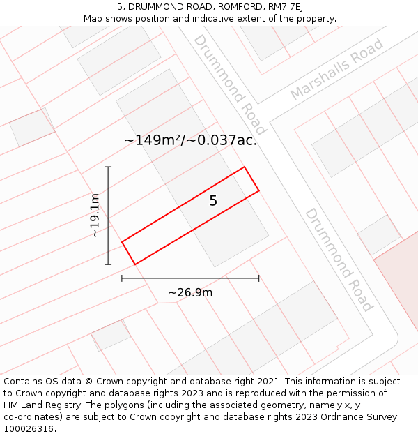 5, DRUMMOND ROAD, ROMFORD, RM7 7EJ: Plot and title map