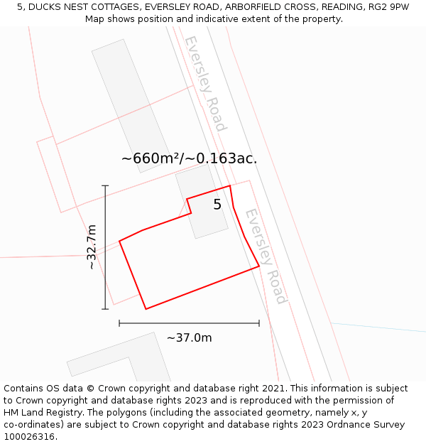 5, DUCKS NEST COTTAGES, EVERSLEY ROAD, ARBORFIELD CROSS, READING, RG2 9PW: Plot and title map