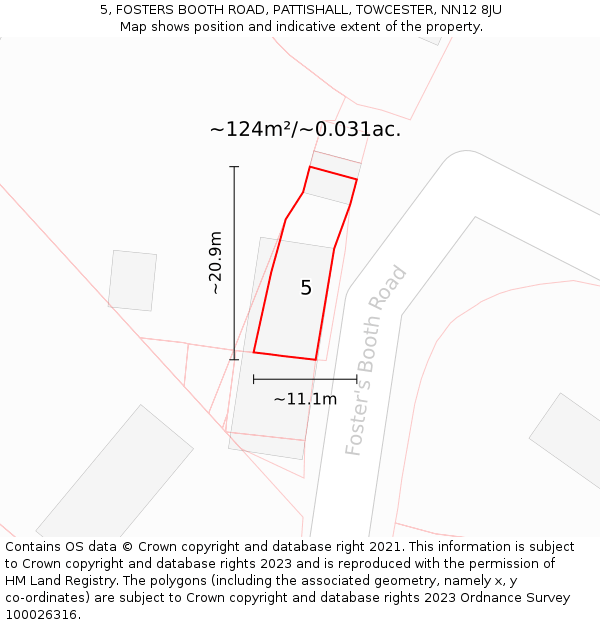 5, FOSTERS BOOTH ROAD, PATTISHALL, TOWCESTER, NN12 8JU: Plot and title map