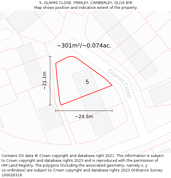 5, GLAMIS CLOSE, FRIMLEY, CAMBERLEY, GU16 8YR: Plot and title map