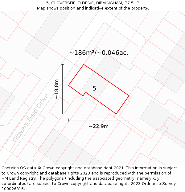 5, GLOVERSFIELD DRIVE, BIRMINGHAM, B7 5UB: Plot and title map