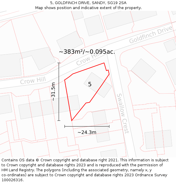 5, GOLDFINCH DRIVE, SANDY, SG19 2SA: Plot and title map