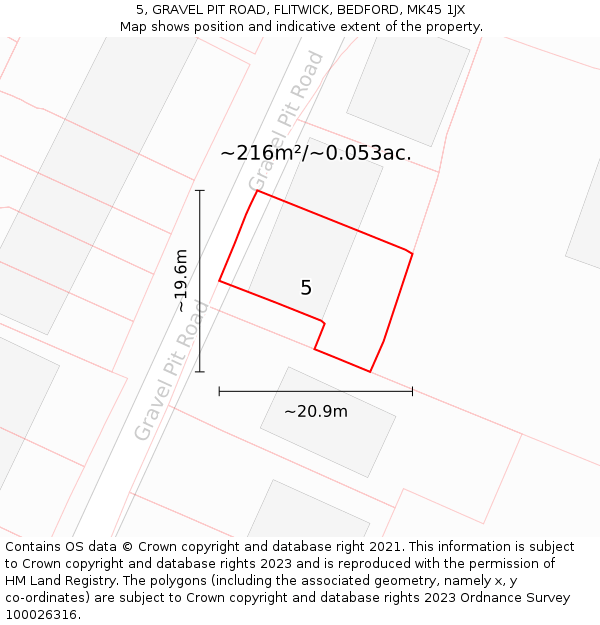 5, GRAVEL PIT ROAD, FLITWICK, BEDFORD, MK45 1JX: Plot and title map