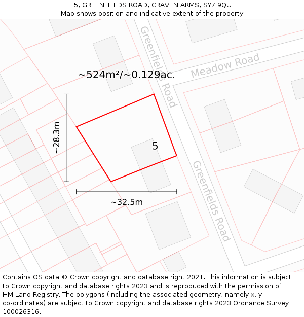 5, GREENFIELDS ROAD, CRAVEN ARMS, SY7 9QU: Plot and title map