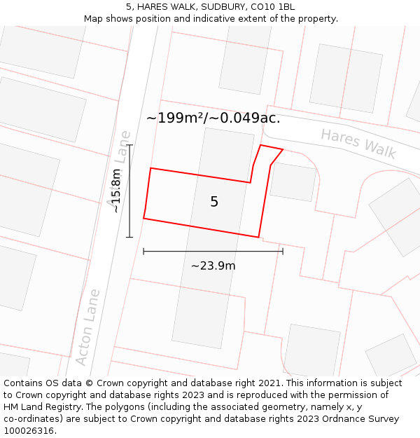 5, HARES WALK, SUDBURY, CO10 1BL: Plot and title map