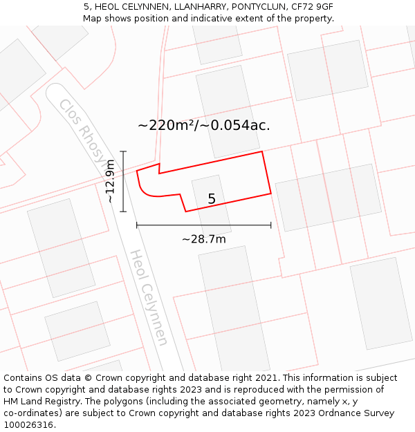 5, HEOL CELYNNEN, LLANHARRY, PONTYCLUN, CF72 9GF: Plot and title map