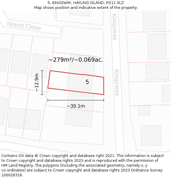 5, KINGSWAY, HAYLING ISLAND, PO11 0LZ: Plot and title map