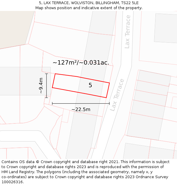 5, LAX TERRACE, WOLVISTON, BILLINGHAM, TS22 5LE: Plot and title map