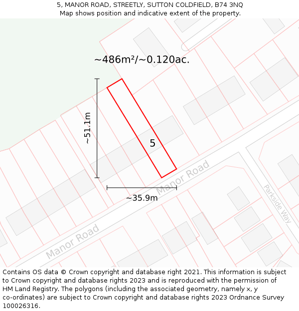 5, MANOR ROAD, STREETLY, SUTTON COLDFIELD, B74 3NQ: Plot and title map