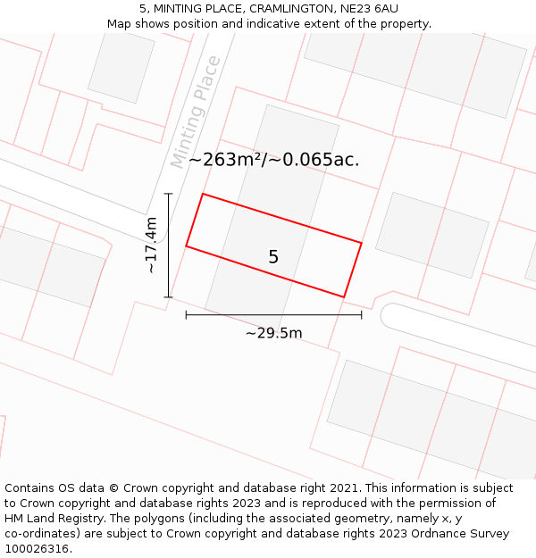 5, MINTING PLACE, CRAMLINGTON, NE23 6AU: Plot and title map