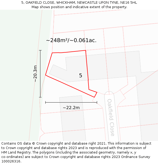 5, OAKFIELD CLOSE, WHICKHAM, NEWCASTLE UPON TYNE, NE16 5HL: Plot and title map