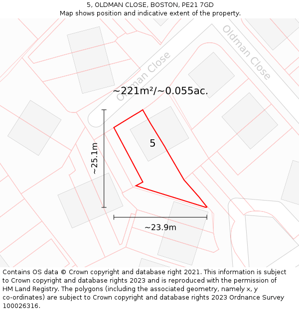 5, OLDMAN CLOSE, BOSTON, PE21 7GD: Plot and title map