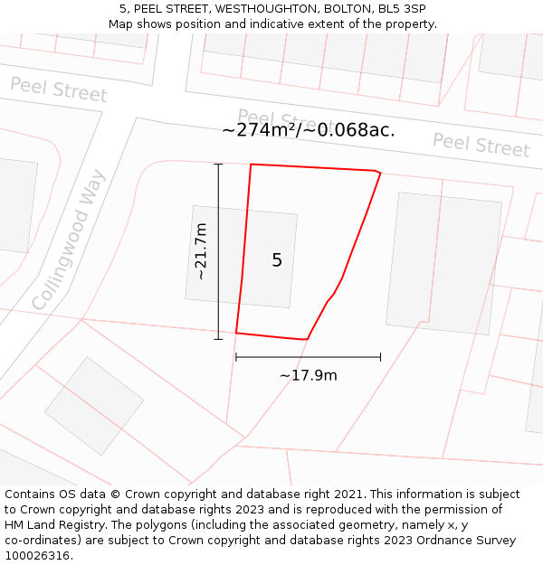 5, PEEL STREET, WESTHOUGHTON, BOLTON, BL5 3SP: Plot and title map