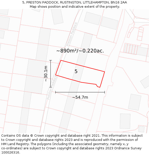 5, PRESTON PADDOCK, RUSTINGTON, LITTLEHAMPTON, BN16 2AA: Plot and title map