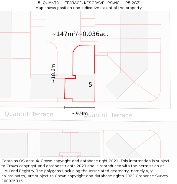 5, QUANTRILL TERRACE, KESGRAVE, IPSWICH, IP5 2GZ: Plot and title map