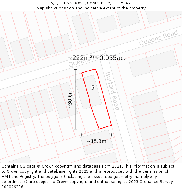 5, QUEENS ROAD, CAMBERLEY, GU15 3AL: Plot and title map