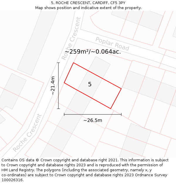 5, ROCHE CRESCENT, CARDIFF, CF5 3PY: Plot and title map