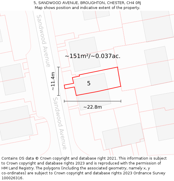 5, SANDWOOD AVENUE, BROUGHTON, CHESTER, CH4 0RJ: Plot and title map