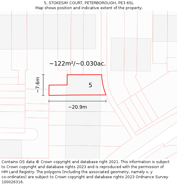 5, STOKESAY COURT, PETERBOROUGH, PE3 6SL: Plot and title map
