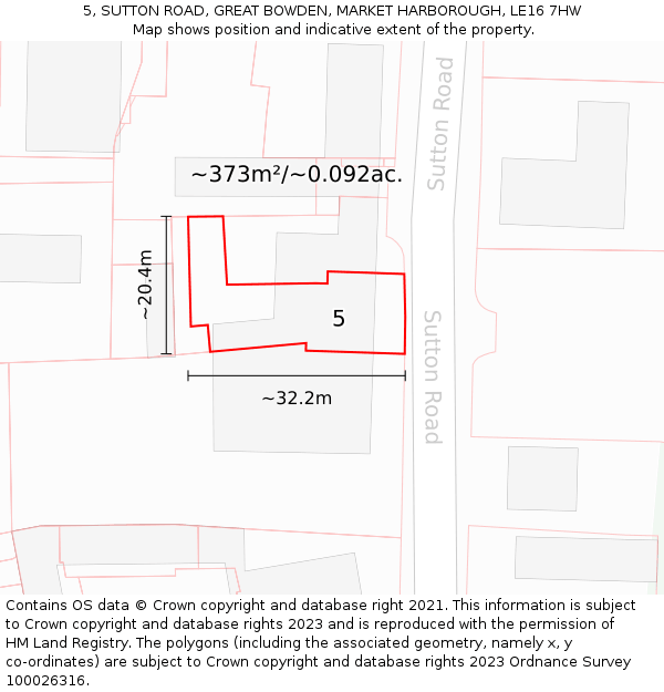 5, SUTTON ROAD, GREAT BOWDEN, MARKET HARBOROUGH, LE16 7HW: Plot and title map