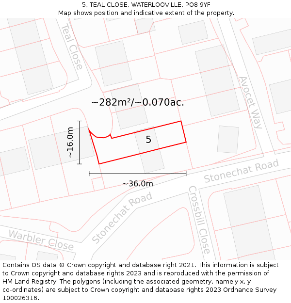 5, TEAL CLOSE, WATERLOOVILLE, PO8 9YF: Plot and title map