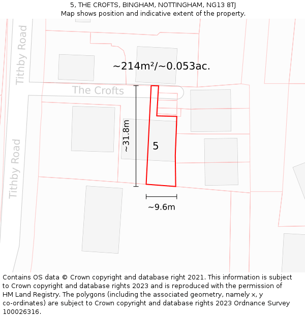 5, THE CROFTS, BINGHAM, NOTTINGHAM, NG13 8TJ: Plot and title map